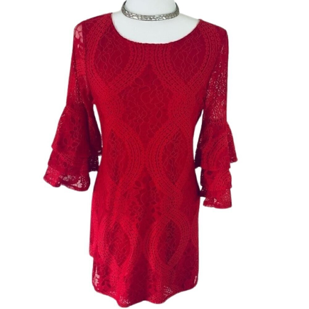 ❤️🎄 Francesca’s Collection – Red Crochet Christmas Mini Dress ✨ Size M